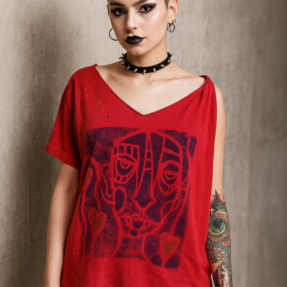 Upcycled Tee Hand Painted Altered Grunge Punk Red One Shoulder Tunic Top L/XL - Picture 1 of 9